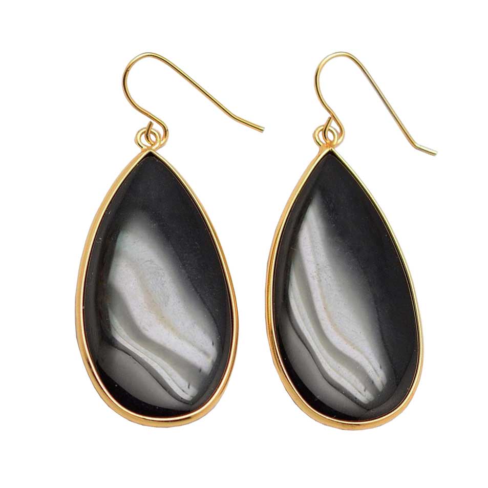 Zwarte edelstenen oorbellen met goud edelstaal | Big Teardrop Black Agate Gold