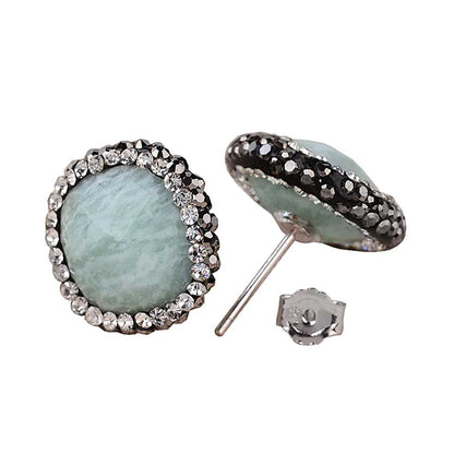 Edelstenen oorknoppen met groene amazoniet, stras steentjes en sterling zilver (925) voor en achterzijde | Bright Amazonite