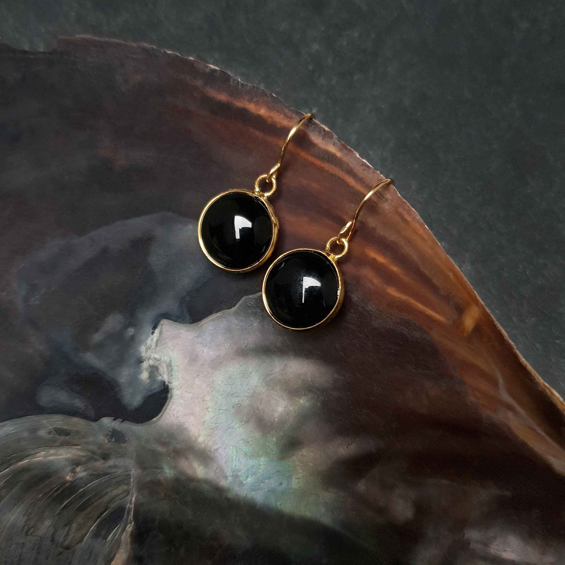 Zwarte edelstenen oorbellen met goud edelstaal hangend in schelp | Black Agate Gold Round
