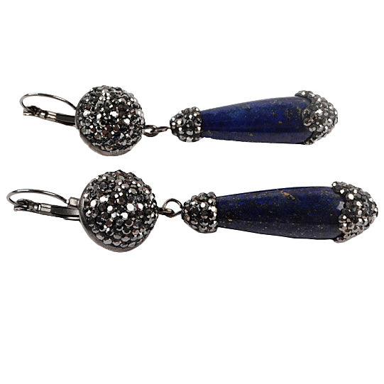 Blauwe edelstenen oorbellen met lapis lazuli en stras stenen liggend| Bright Lapis Lazuli Long Drop