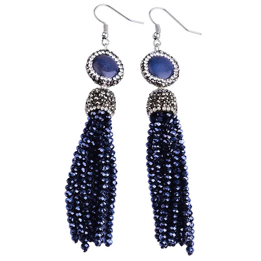 Lange blauwe edelstenen oorbellen met lapis lazuli, stras steentjes, sterling zilver (925) en kwastje | Bright Lapis Lazuli Tassel