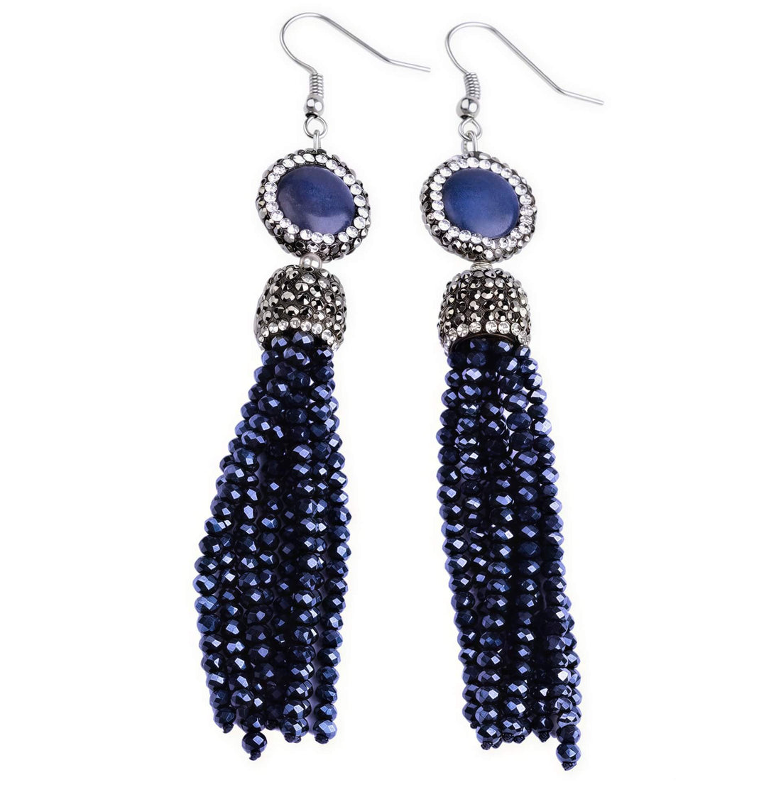 Lange blauwe edelstenen oorbellen met lapis lazuli, stras steentjes, sterling zilver (925) en kwastje | Bright Lapis Lazuli Tassel