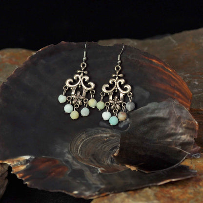 Edelstenen oorbellen met amazoniet en sterling zilver (9925) hangend in schelp | Chandelier Frozen Amazonite