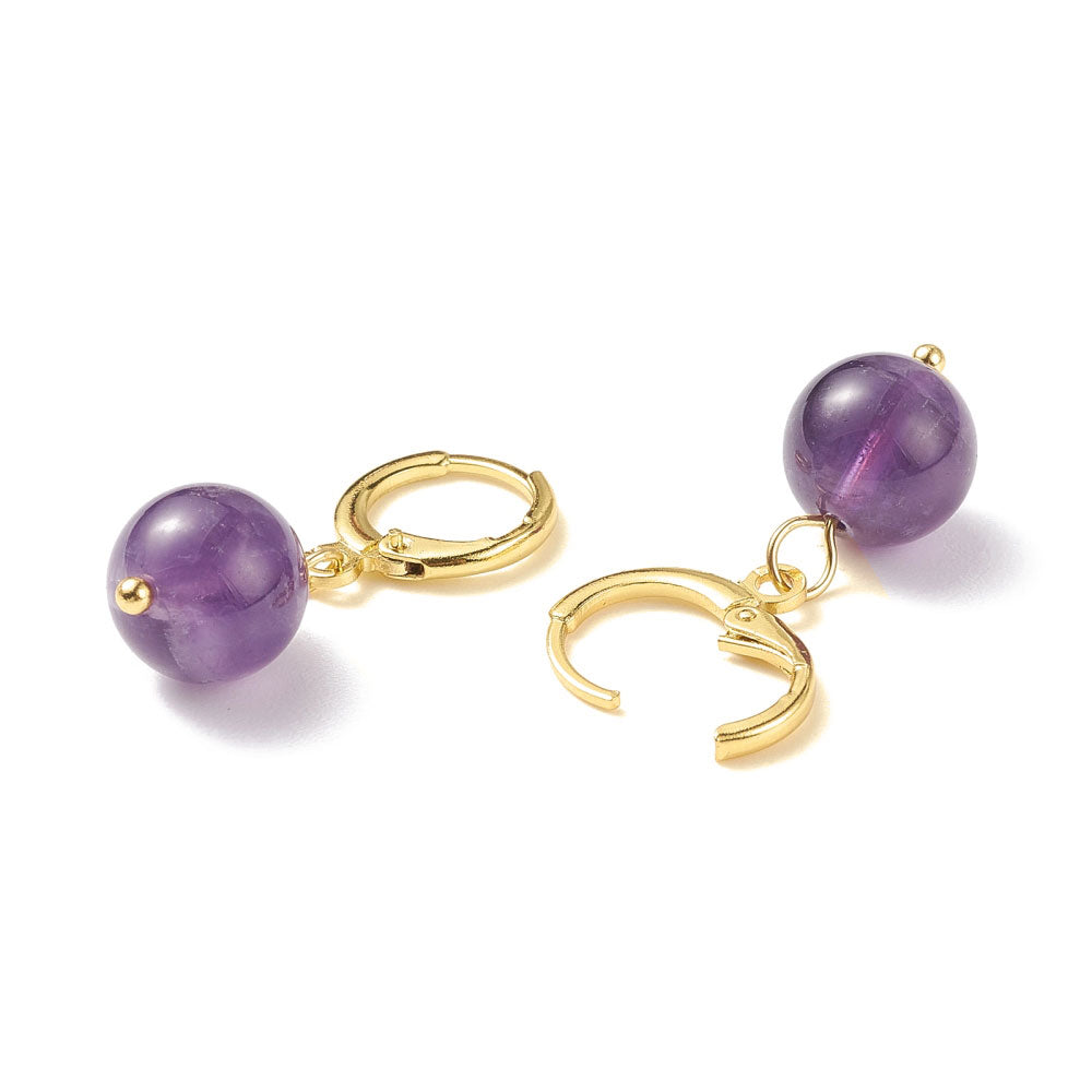 Paarse edelstenen oorbellen met amethist en goud edelstaal met open haak| Gold Amethyst Ball