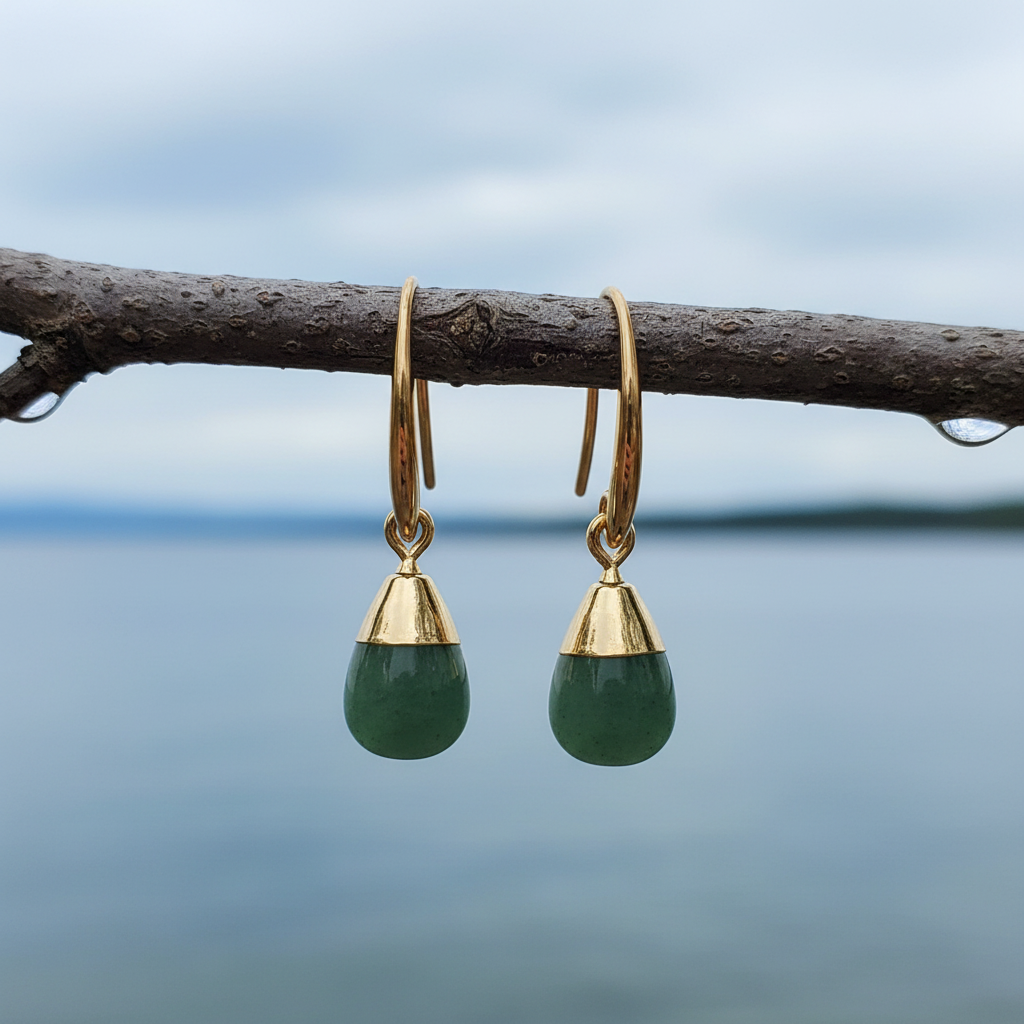 Groene edelstenen oorbellen met aventurien hangend aan takje | Gold Dip Green Aventurine Small