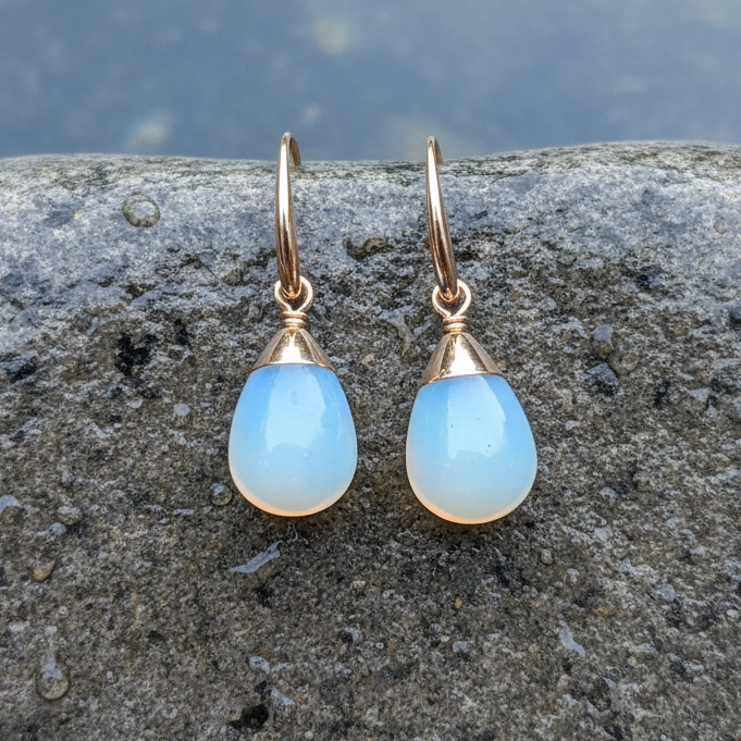 Blauwe edelstenen oorbellen met opaal liggend op steen | Gold Dip Sea Opal