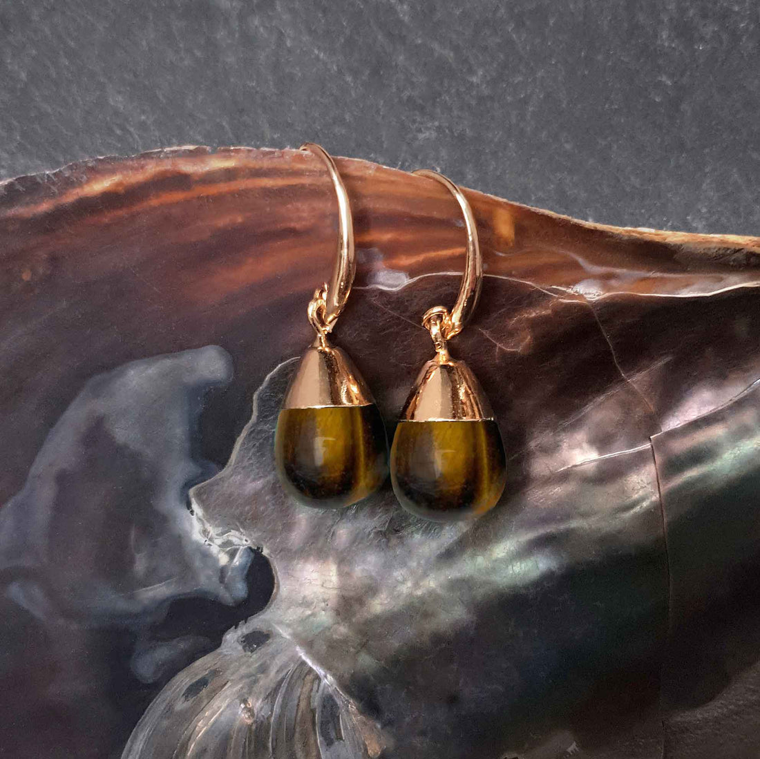 Bruine edelstenen oorbellen met tijgeroog en goud hangend in schelp | Gold Dip Tiger Eye