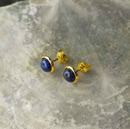 Blauwe edelstenen oorbellen met lapis lazuli, lapis lazuli oorknopjes liggend op witte schelp | Lapis Lazuli Small Gold