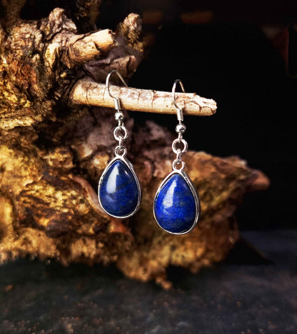Blauwe edelstenen oorbellen met lapis lazuli en sterling zilver (925) hangend aan tak | Lapis Lazuli Teardrop