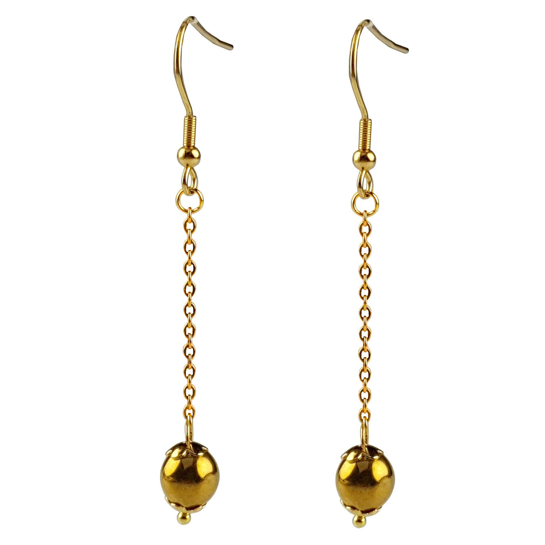 Lange edelstenen oorbellen met goud hematiet en goud edelstaal | Long Dangling Gold Hematite