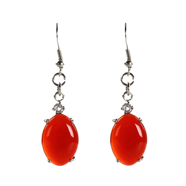Edelstenen oorbellen met ovale rode agaat, stras steentje en sterling zilver (925) vooraanzicht | Red Agate Oval