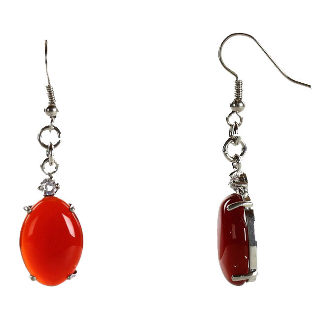Edelstenen oorbellen met ovale rode agaat, stras steentje en sterling zilver (925) voor- en zijaanzicht | Red Agate Oval