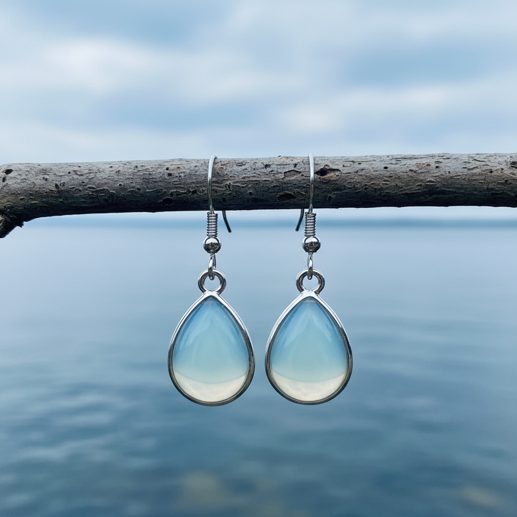 Licht blauwe edelstenen oorbellen met zee opaal en oorbelhaakjes van sterling zilver (925) hangend aan een takje | Sea Opal Teardrop