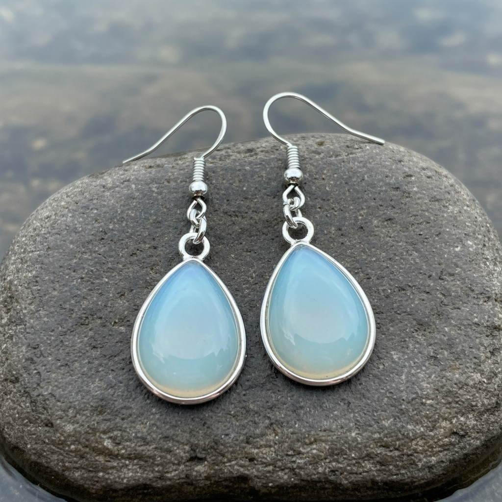 Licht blauwe edelstenen oorbellen met zee opaal en oorbelhaakjes van sterling zilver (925) liggend op een natte steen | Sea Opal Teardrop