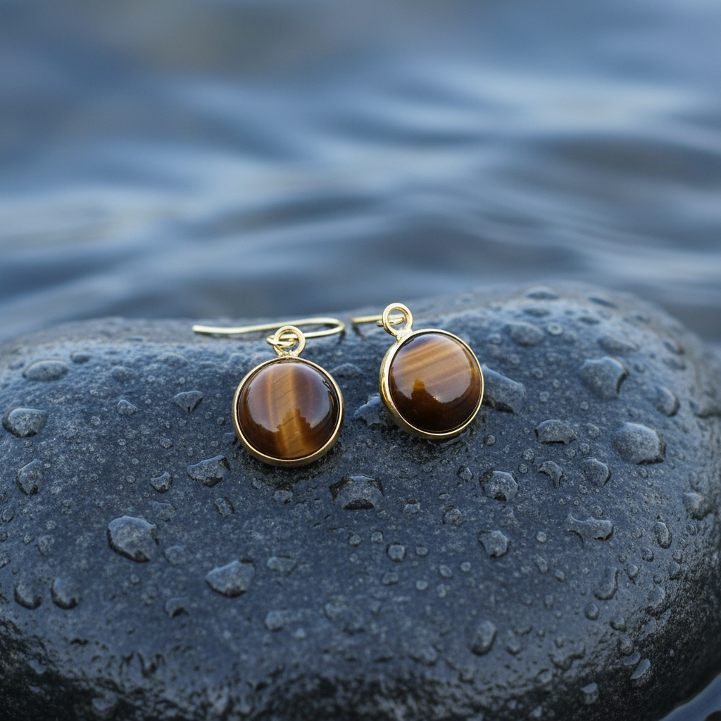 Bruine edelstenen oorbellen met tijgeroog en goud edelstaal liggend op natte steen | Tiger Eye Gold Round