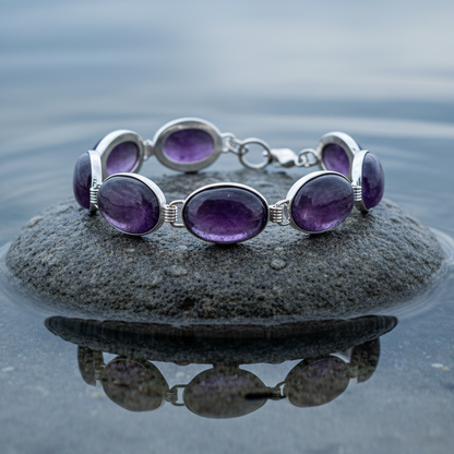 Paarse edelstenen armband met amethist liggend op steen in water | Amethyst Oval