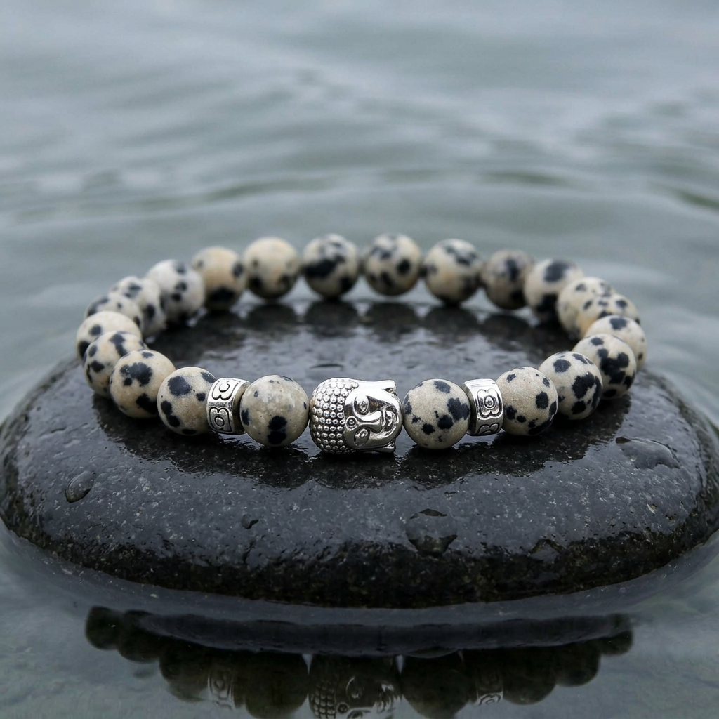 Edelstenen armband met dalmatiër jaspis en een Boeddha hoofd liggend op steen in water | Elastisch | Buddha Dalmatian