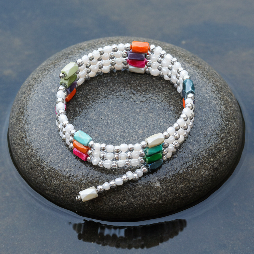 Lange edelstenen ketting met magnetiet ook te dragen als armband  liggend op steen in water | Color White Magnetite Wrap