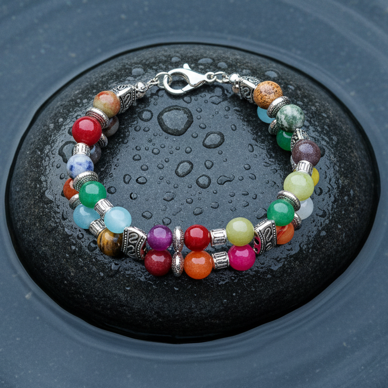 Edelstenen armband met verschillende edelstenen liggend op steen in water | Colorfull Gemstones
