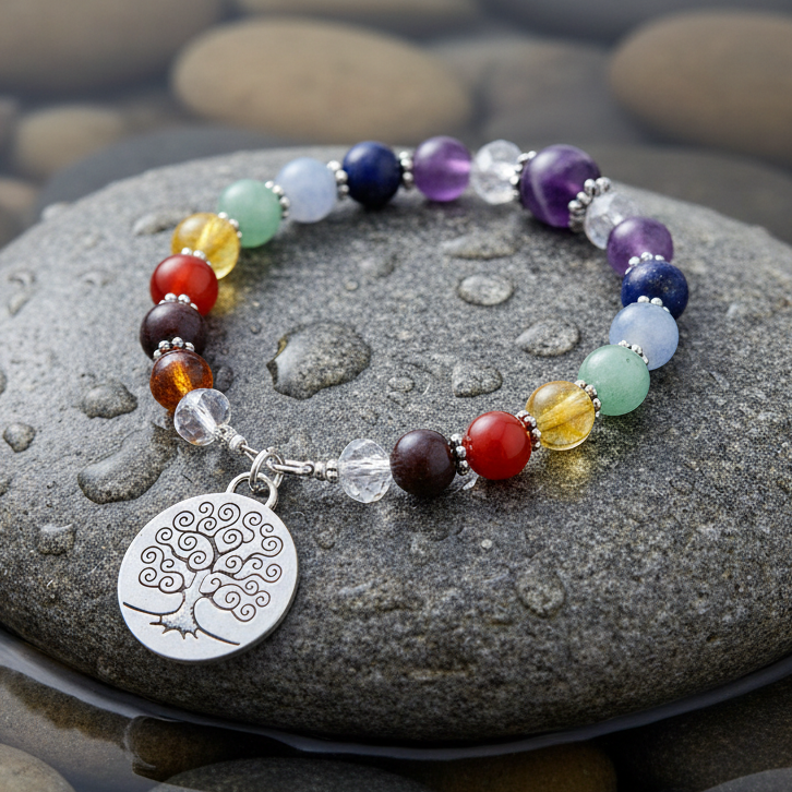 Edelstenen armband met verschillende soorten en kleuren edelstenen en levensboom bedeltje liggend op steen | Gemstone Chakra