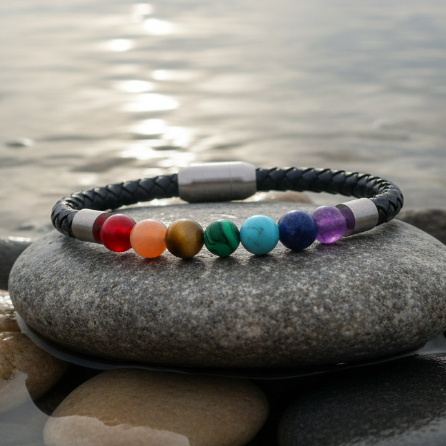 Edelstenen armband met met veel kleuren en soorten edelstenen en zwart leer liggend op steen | Gemstone Rainbow Black Leather