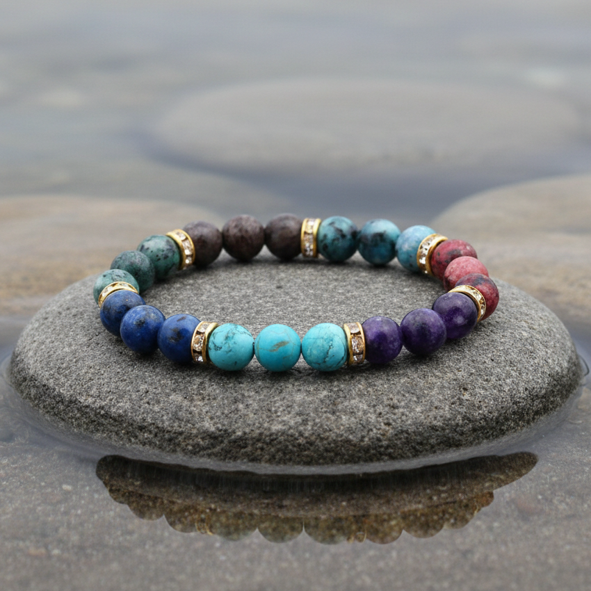 Edelstenen armband met veel soorten en kleuren  edelstenen en stras steentjes liggend op natte steen | Elastisch | Golden Bling Mix Gemstone