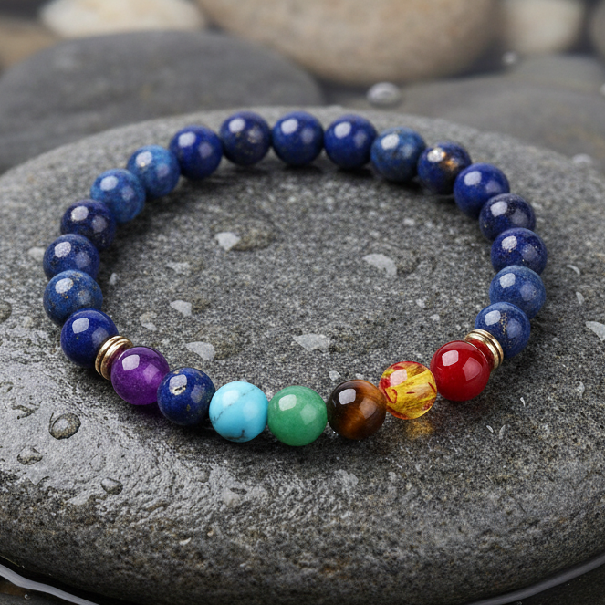 Lapis Lazuli Mix Color Gemstones edelstenen armband close-up op grijze natte steen bij oever