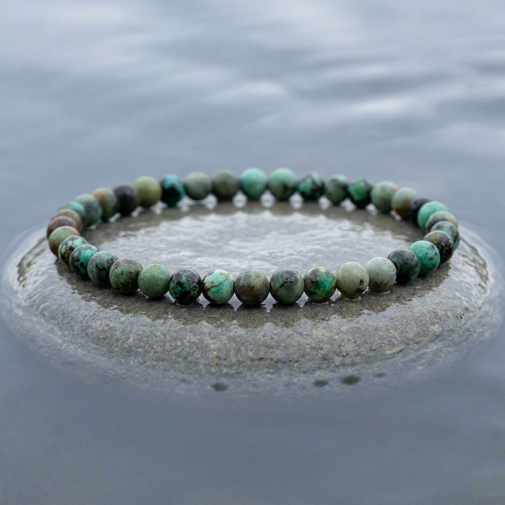 Little African Turquoise-armband in zijaanzicht close-up op een natte grijze steen in water