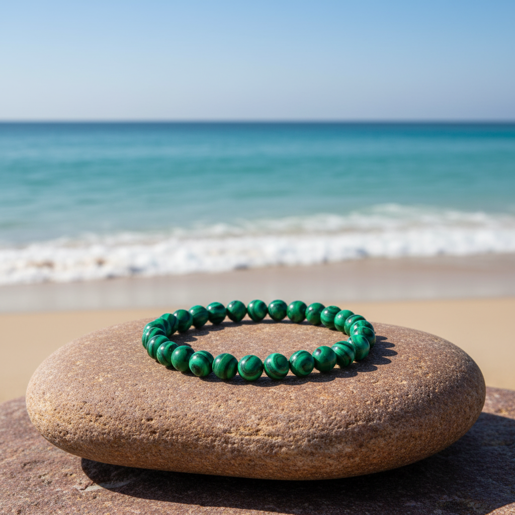 Malachite armband op grote steen met zee op achtergrond