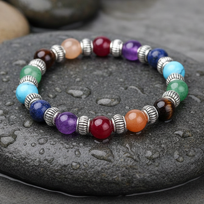 Edelstenen armband met veel gekleurde edelstenen liggend op steen | Elastisch | Mix Gemstone Silver