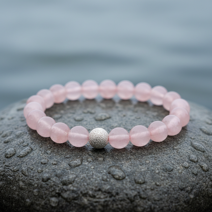 Close-up vooraanzicht rozenkwarts armband zalmroze