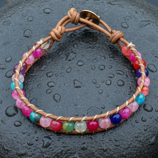 Edelstenen armband met verschillend edelstenen en leer liggend op steen | Wrap Agate Mix