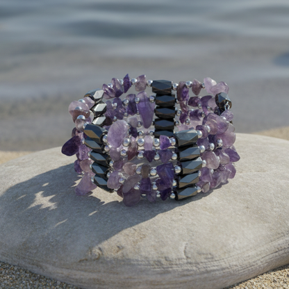 Paarse edelstenen armband met amethist en magnetiet liggend op lichte steen  | Wrap Magnetite Amethyst