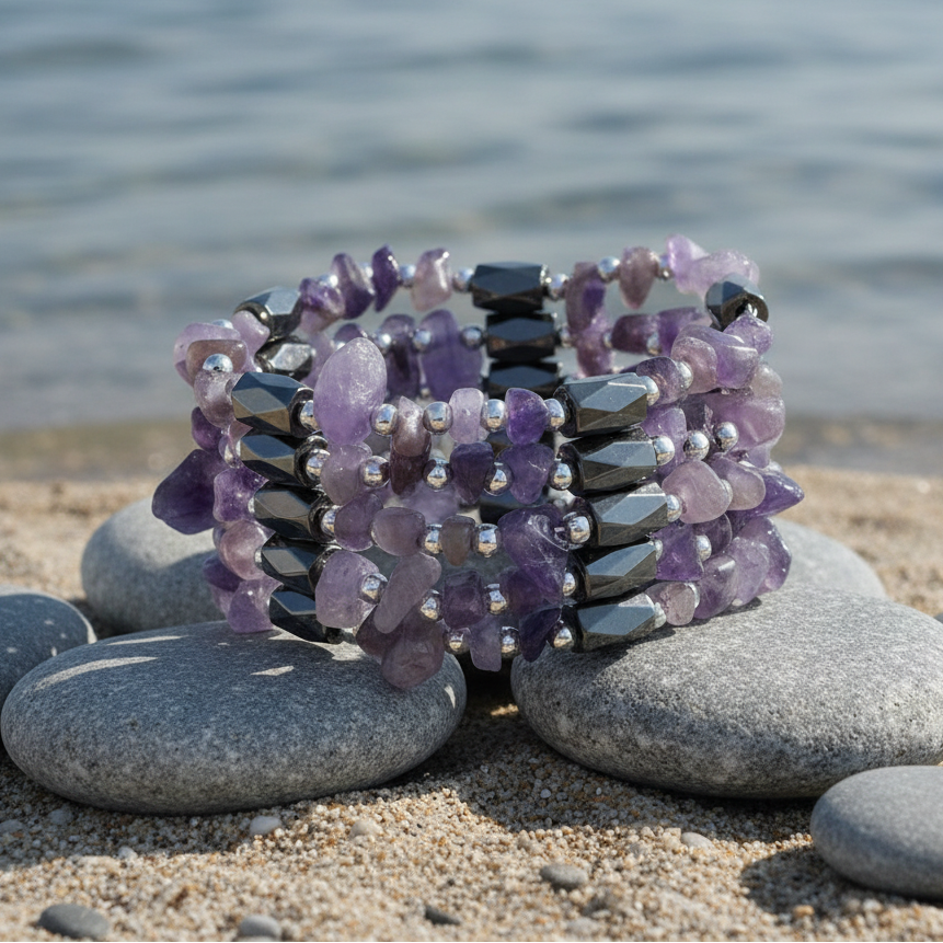 Paarse edelstenen armband met amethist en magnetiet liggend op steen aan waterrand | Wrap Magnetite Amethyst