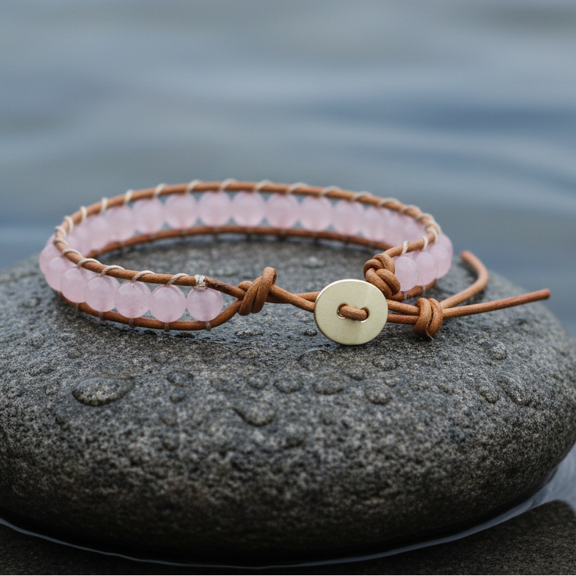 Roze edelstenen armband met rozenkwarts en licht bruin leer liggend op steen met slotje naar voren | Wrap Rose Quartz Light