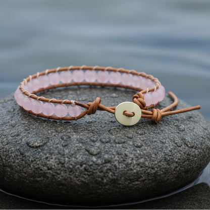 Roze edelstenen armband met rozenkwarts en licht bruin leer liggend op steen met slotje naar voren | Wrap Rose Quartz Light
