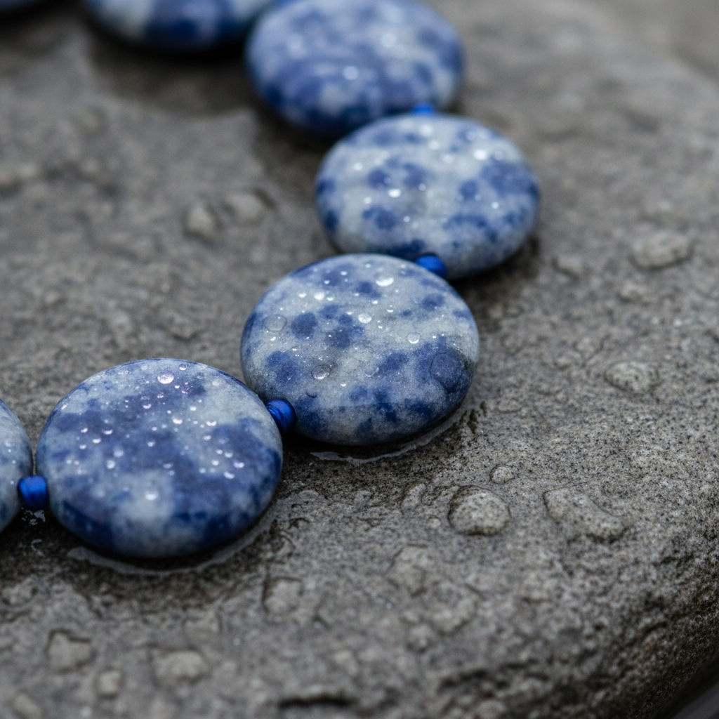 Blauwe handgeknoopte edelstenen ketting met blue spot jaspis stenen liggend op steen close up | Blue Spot Coin