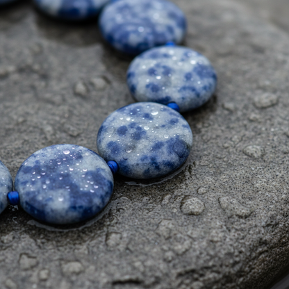 Blauwe handgeknoopte edelstenen ketting met blue spot jaspis stenen liggend op steen close up | Blue Spot Coin