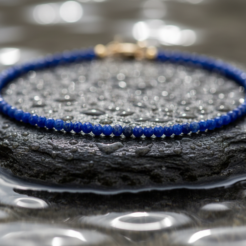 Blauw edelstenen armband met facet geslepen lapis lazuli en goud edelstaal liggend op natte steen | Lapis Lazuli Mini