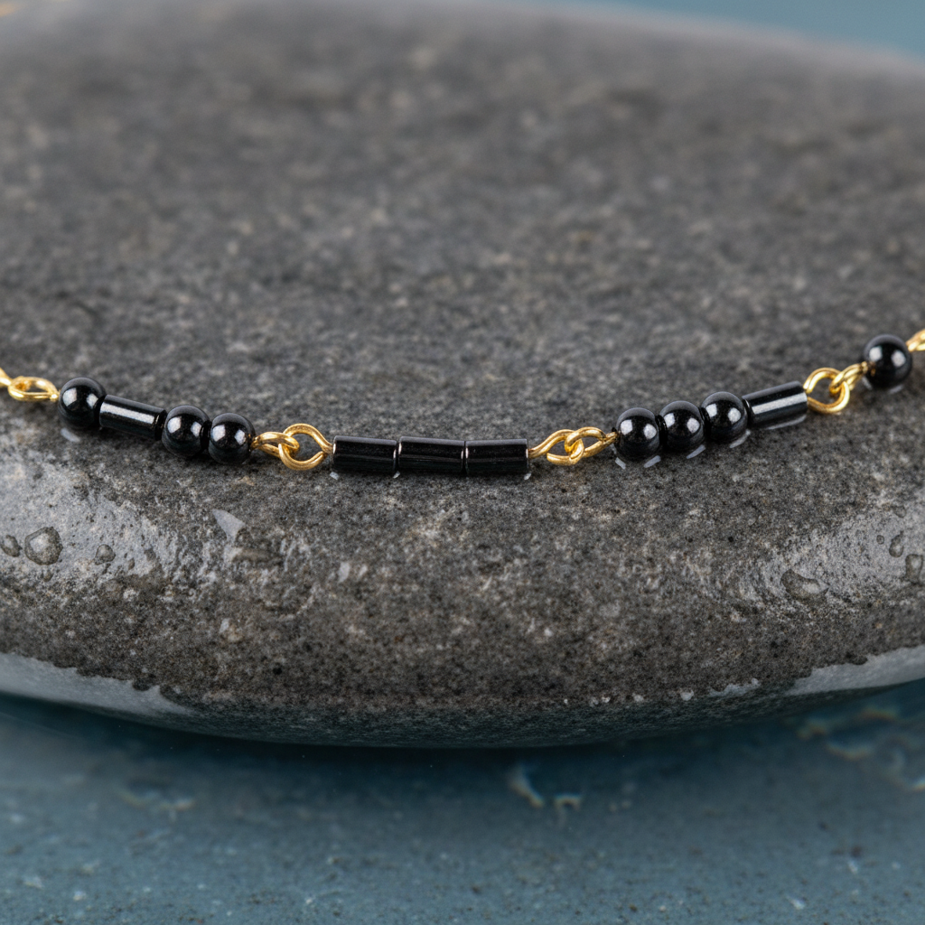 Zwarte edelstenen ketting met goud edelstaal en hematiet stenen die het woord LOVE in morse code weer geeft liggend op steen close up | Morse Code Love Black Hematite Gold