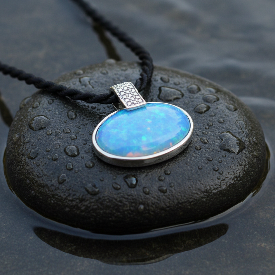 Blauwe edelstenen ketting met zee opaal liggend op steen in water close up | Nadja