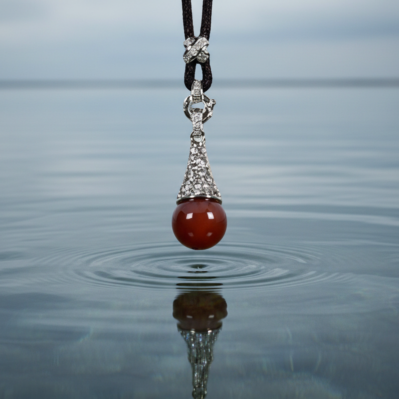 Rode edelstenen ketting met stras steentjes en agaat hangend boven water | Red Agate Bling
