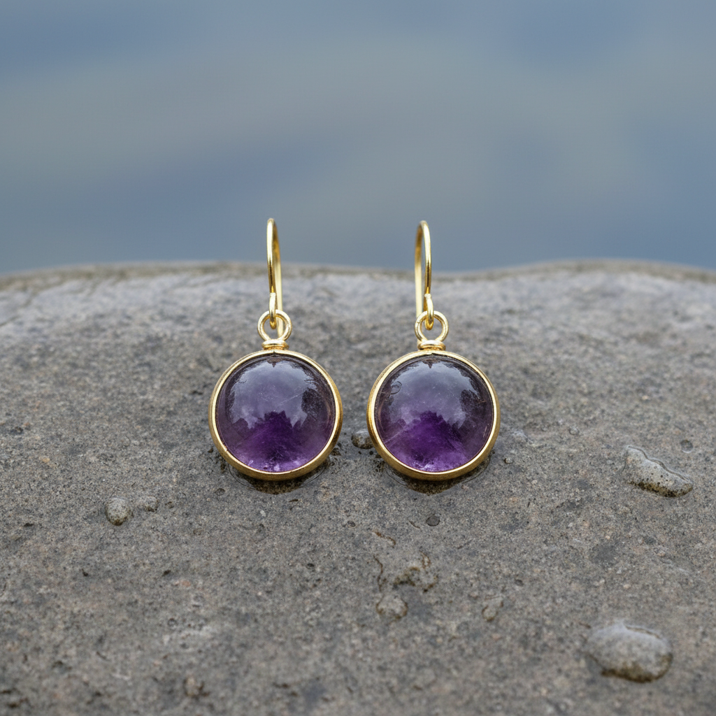Paarse edelstenen oorbellen met goud edelstaal liggend op natte steen | Amethyst Gold Round