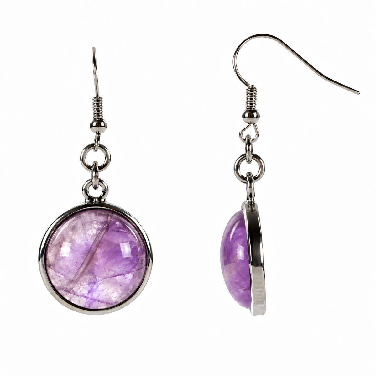 Licht paarse edelstenen oorbellen met amethist en sterling zilver (925), voor- en zijaanzicht | Amethyst Round