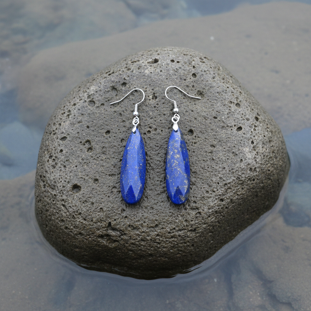 Lange blauwe edelstenen oorbellen met lapis lazuli en sterling zilver (925) liggend in witte schelp liggend op steen| Big Drop Lapis 