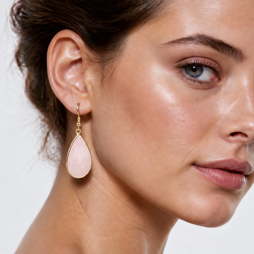 Roze edelstenen oorbellen met rozenkwarts en goud edelstaal op model | Big Teardrop Rose Quartz Gold
