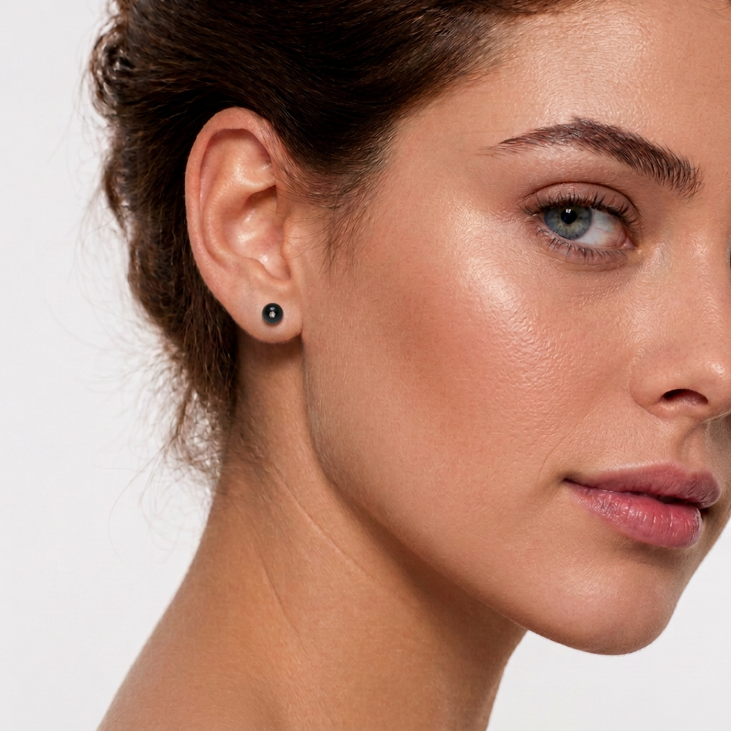 Model met een duidelijk kleiner zwart agaatknopje, gericht op de verhouding van 6 mm