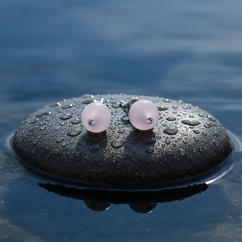 Roze edelstenen oorbellen met rozenkwart, roze edelstenen oorknopjes liggend op steen in water | Bling Roze Quartz