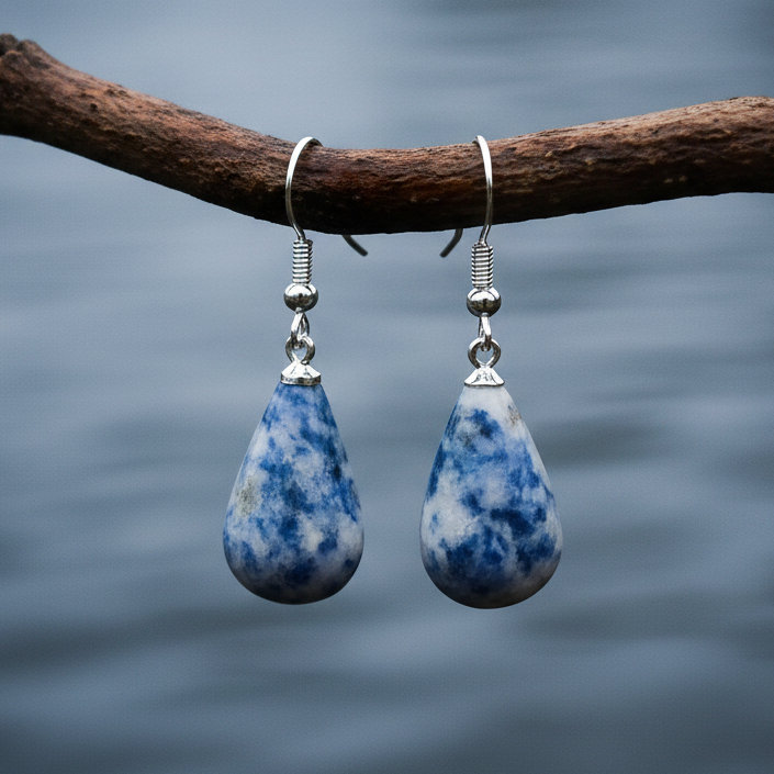 Blauwe edelstenen oorbellen met jaspis en sterling zilver (925) hangend aan takje boven water | Blue Spot Big Drop