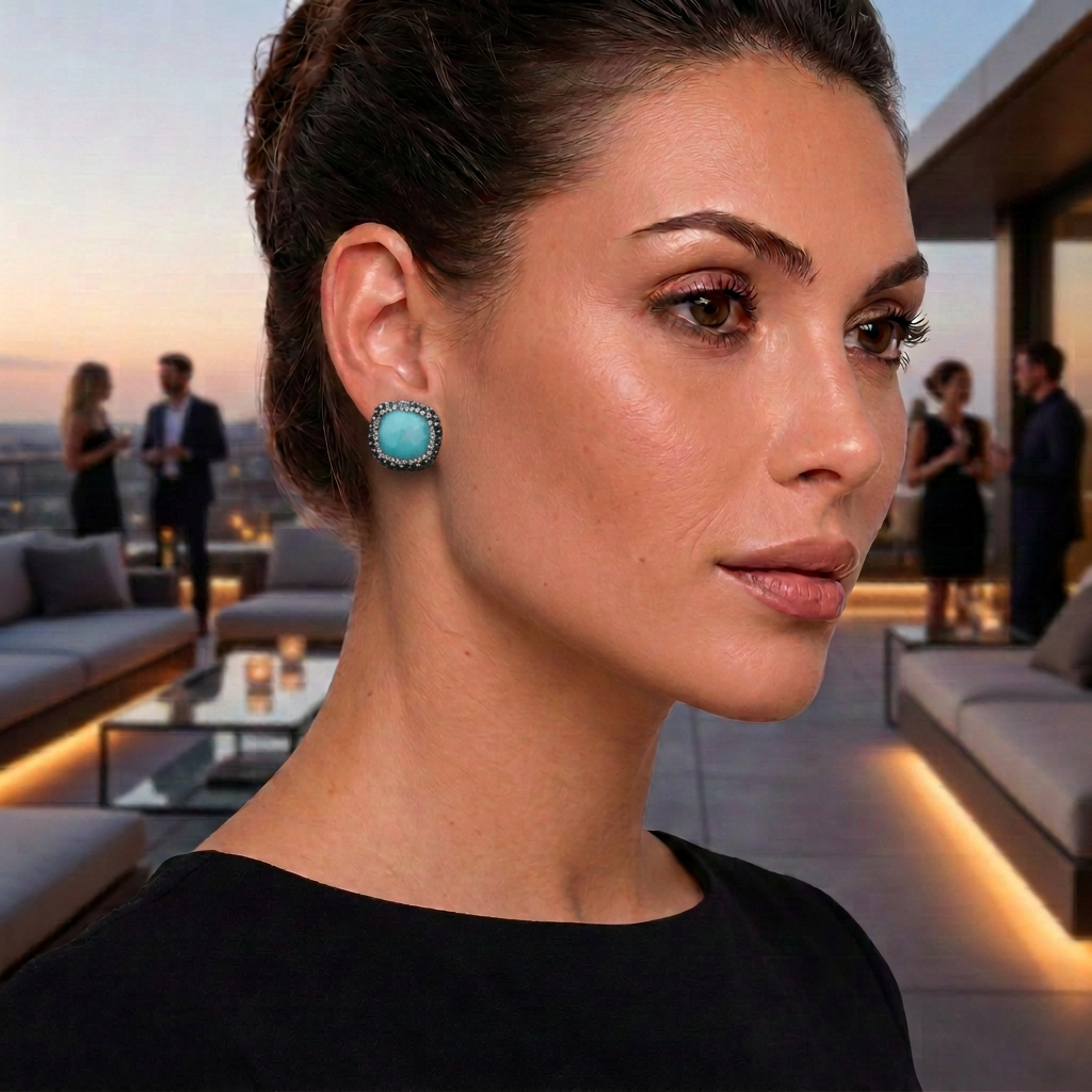 Licht blauwe edelstenen oorknoppen met agaat, stras steentjes en sterling zilver (925) gedragen door model op een chic feestje | Bright Aqua Jade Square